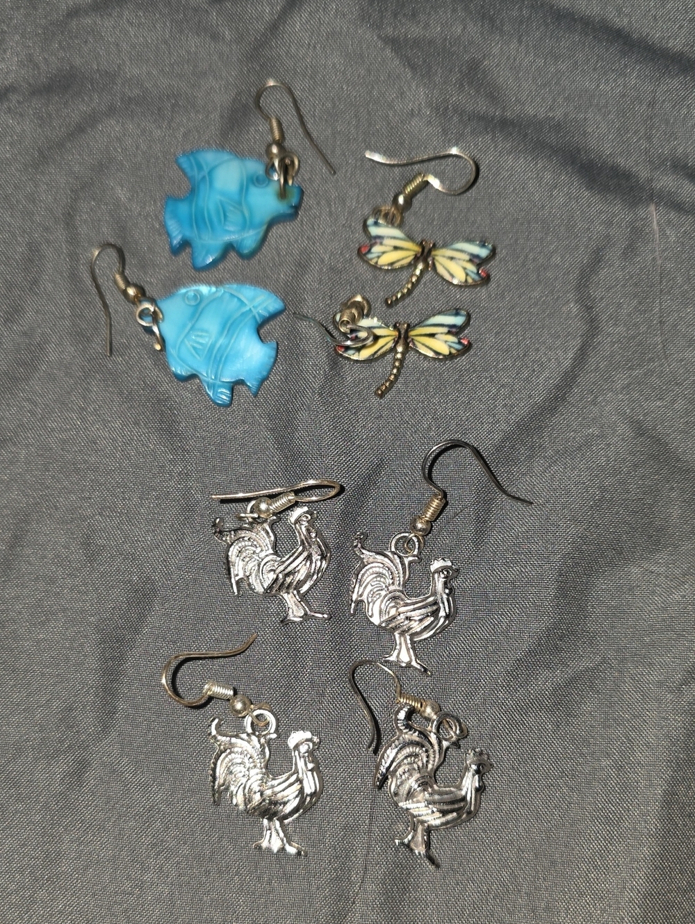 +Assorted Earrings Set — Blue Fish, Yellow Dragonfly, Silver Rooster